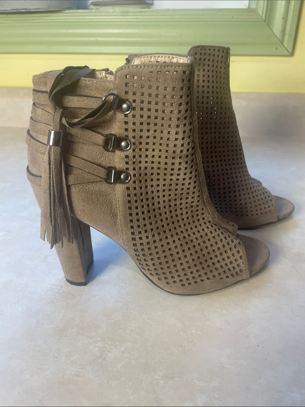 Catherine Malandrino Suede-Look Peep-Toe Cutout Ankle Boots in Taupe Size 7.5